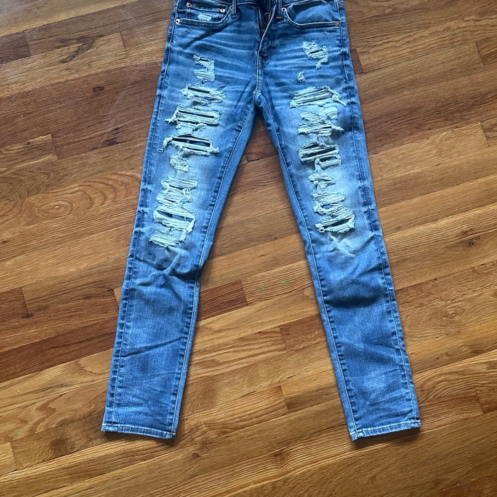 American Eagle Outfitters Blue Skinny Jeans with Distressed Details